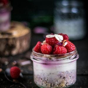 Muesli Yoghurt Pot Topped with Fresh Raspberries