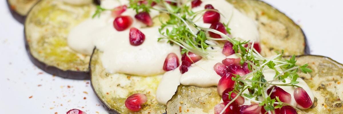 Grilled Aubergine topped with Cream & Pomegranate Seeds recipe