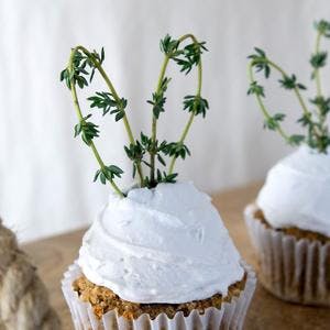 Spiced Carrot Cupcakes with Meringue Frosting & Thyme Bunny Ears