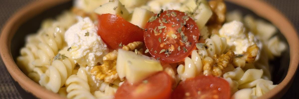 Tomato, Pear Pasta Salad with Feta & Walnuts recipe