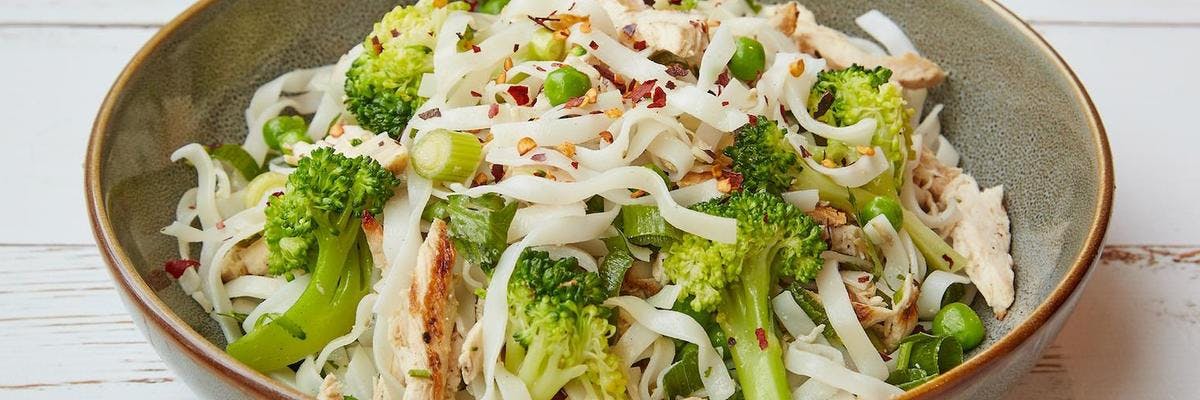 Naked Ho Fun Noodles with Steamed Broccoli & Grilled Chicken recipe
