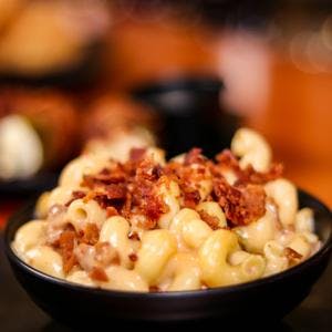 Creamy Mac and Cheese with Crispy Bacon & Onion Topping