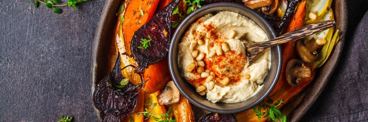 Grilled Vegetables with Spicy Hummus & Pine Nuts recipe