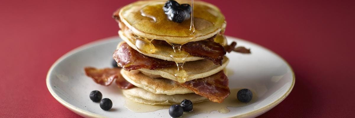 Fluffy Pancake with Crispy Bacon & Fresh Blueberries recipe