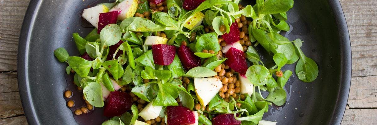 Beetroot, Pear & Brown Lentil Salad with Baby Spinach recipe