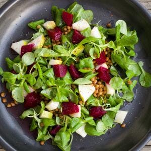 Beetroot, Pear & Brown Lentil Salad with Baby Spinach
