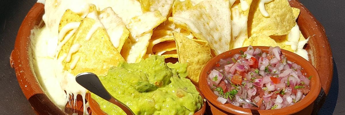 Cheesy Nacho Chips with Guacamole & Chunky Salsa Dip recipe