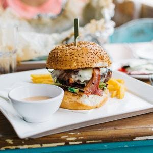 Beef Burger with Crispy Onions, Bacon & Cheese