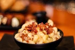 Creamy Mac and Cheese with Crispy Bacon & Onion Topping