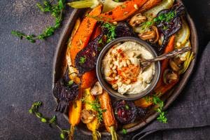 Grilled Vegetables with Spicy Hummus & Pine Nuts