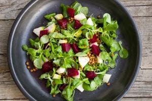 Beetroot, Pear & Brown Lentil Salad with Baby Spinach
