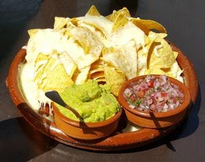 Cheesy Nacho Chips with Guacamole & Chunky Salsa Dip